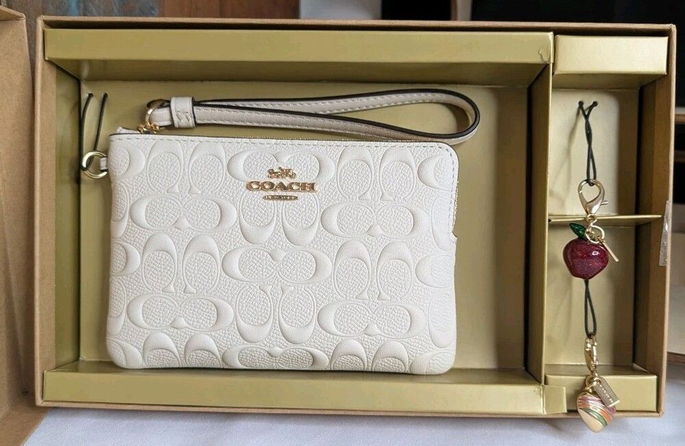 Coach Boxed Set - Embossed Wristlet (Chalk),  2 Detachable Charms (Apple, Heart)